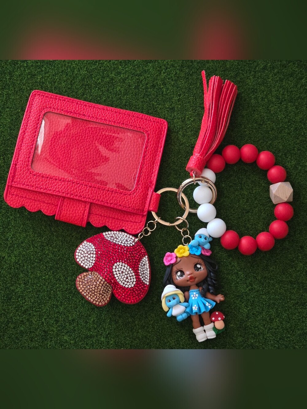 ​Handmade Red Bling Mushroom & Smurfette Doll Wristlet Keychain Set
